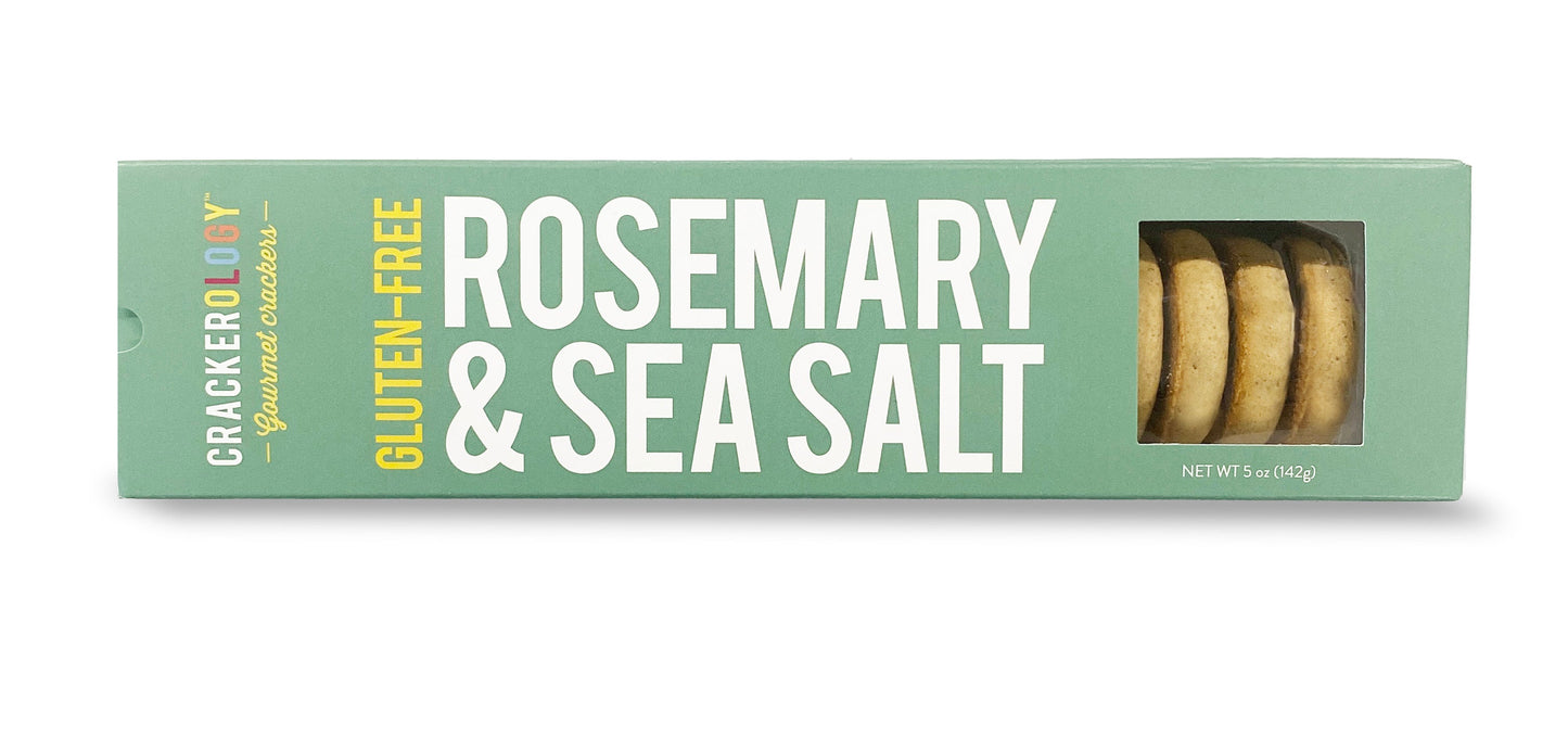A packaged product labeled 'ROSEMARY & SEA SALT' indicating gluten-free crackers inside.