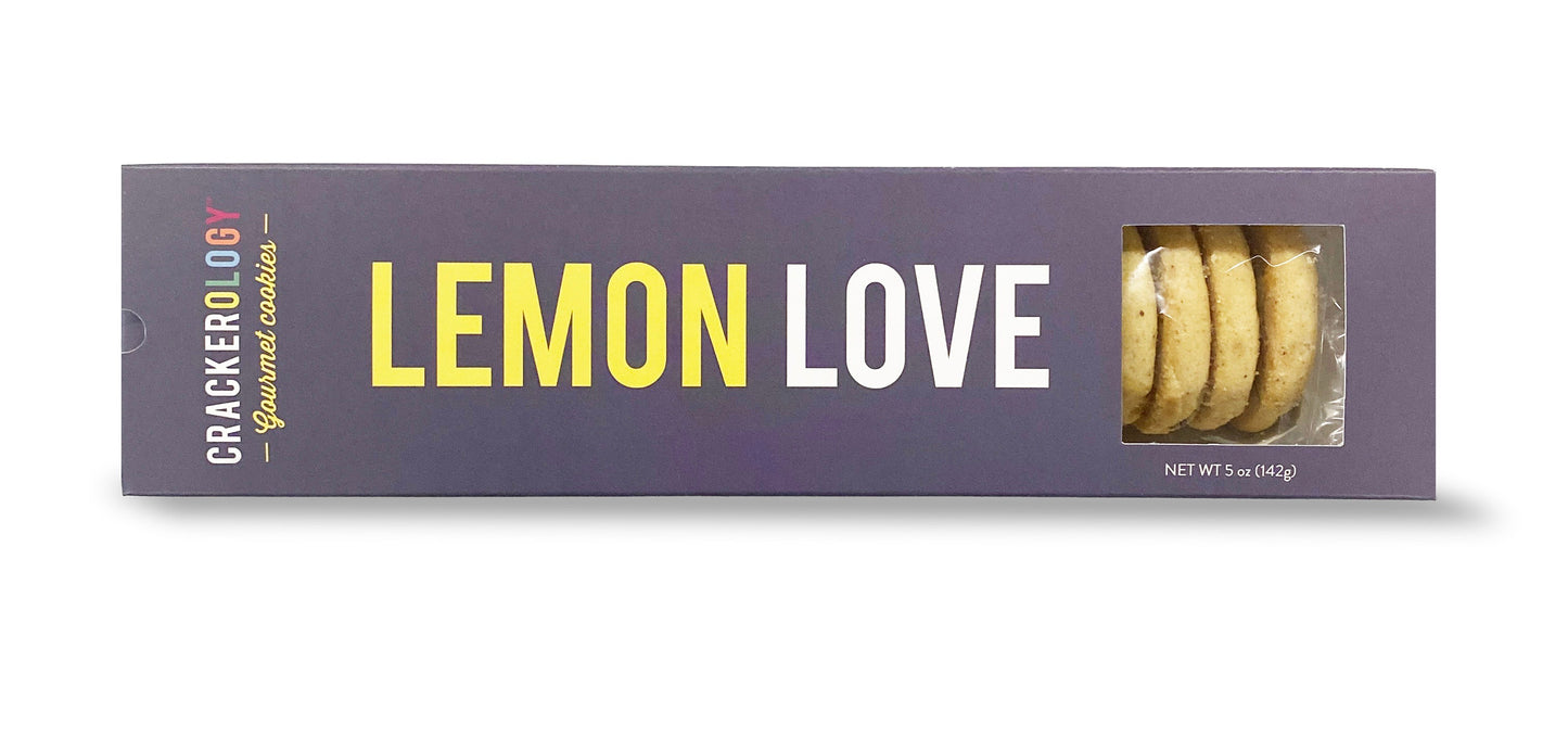 A packaged product labeled 'LEMON LOVE' from Crackerology, containing lemon cookies.