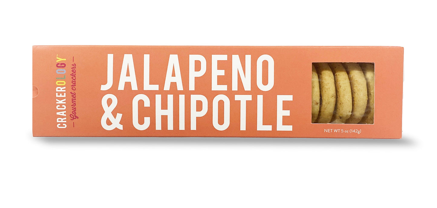 A packaged product labeled 'JALAPENO & CHIPOTLE' containing crackers visible through a transparent window, indicating a spicy flavor profile.