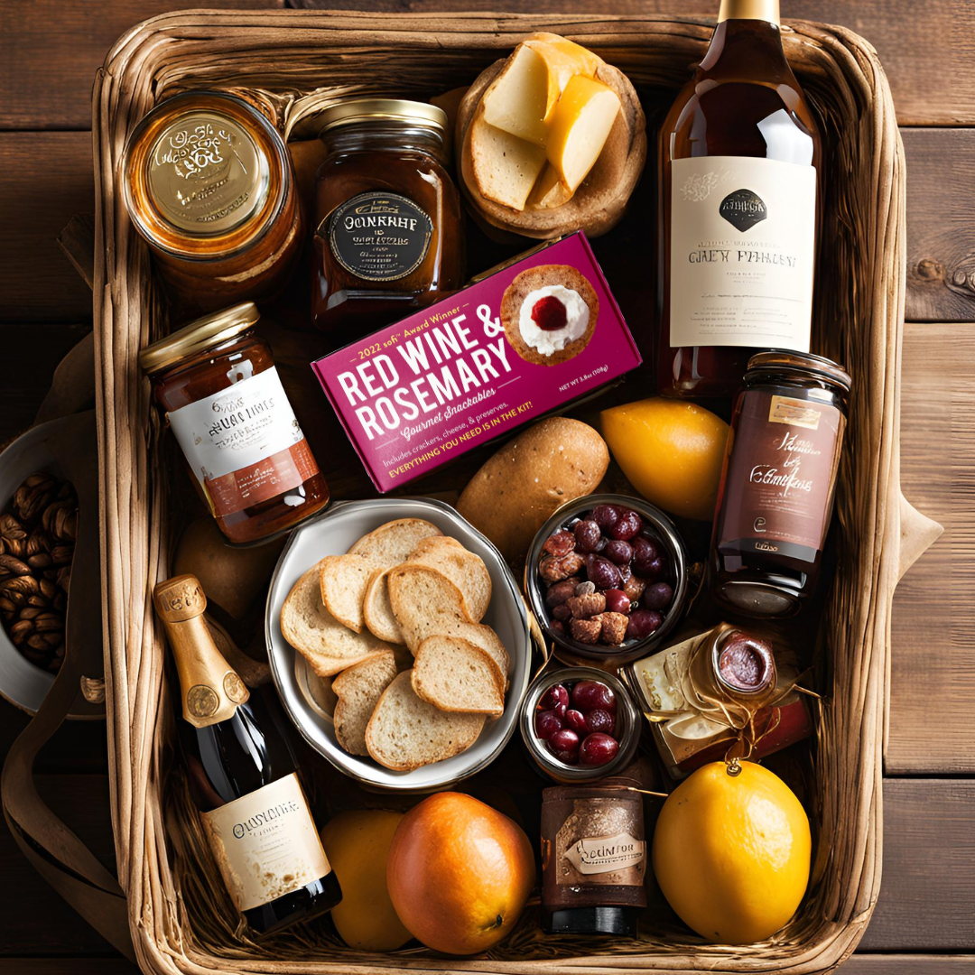 A gift basket with a Red Wine & Rosemary Snackable kit inside. Also shows jams, nuts, drinks and fruit. Great for gift baskets.